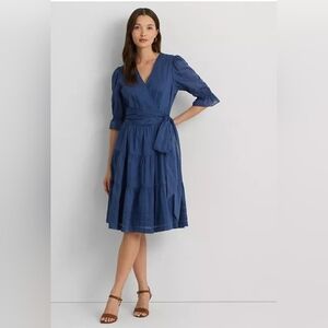 Lauren Ralph Lauren Tie-Front Voile Surplice Dress Women's 14 Indigo Dusk Solid